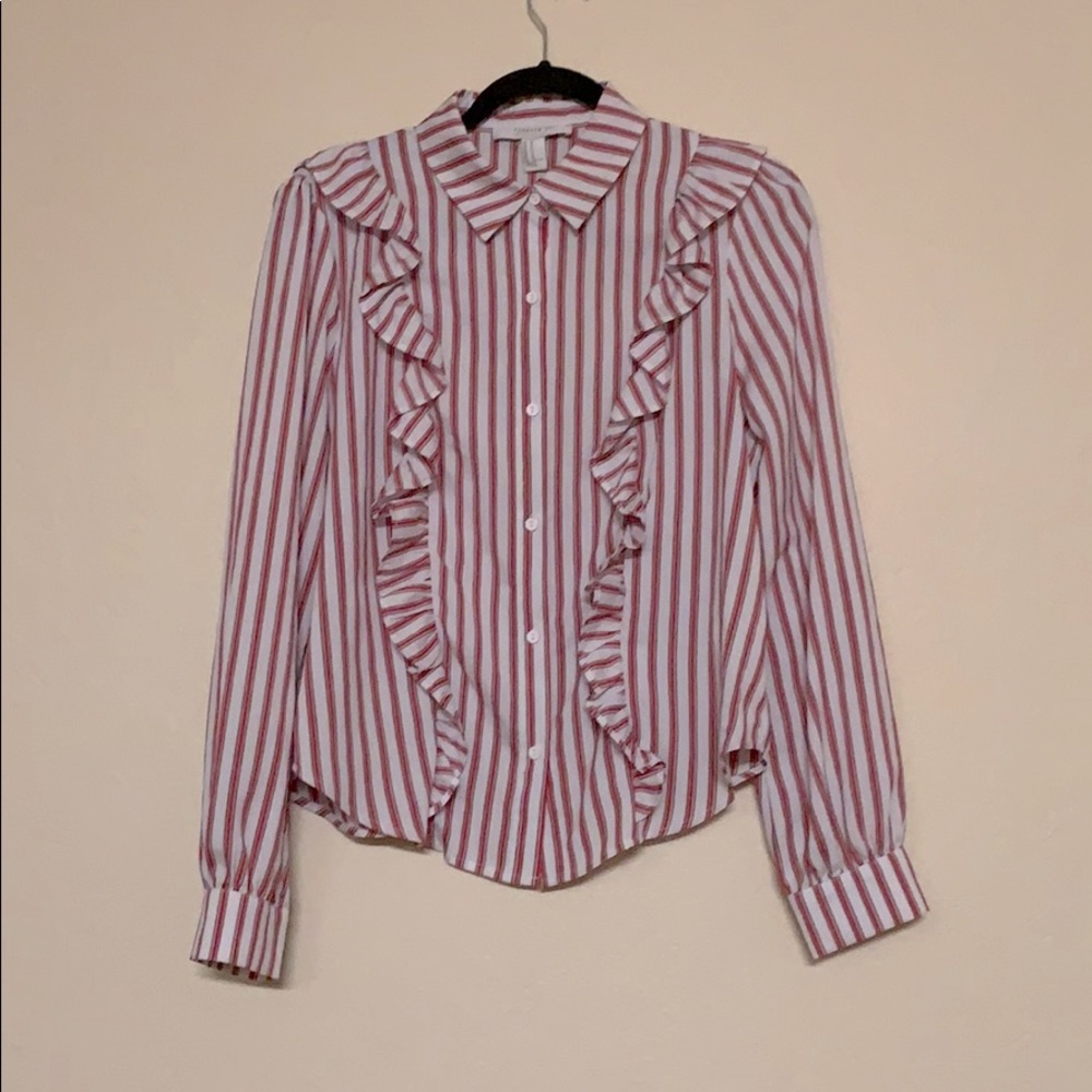 Red/Black Stripes on a White Collared Blouse